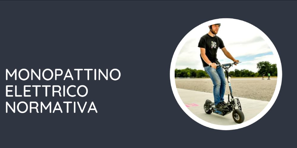 Scritta bianca a sinistra monopattino elettrico normativa ed immagine in un cerchio di un uomo che guida un monopattino elettrico su strada con casco a destra